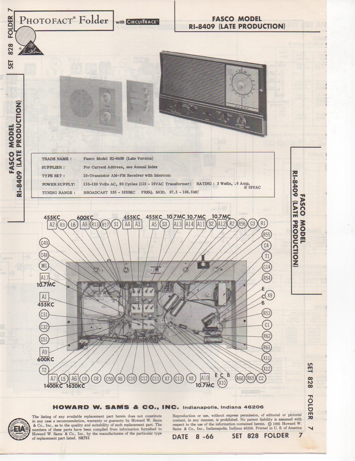 1966 FASCO RI-8409 INTERCOM RADIO SERVICE MANUAL PHOTOFACT SCHEMATIC LATE PROD.