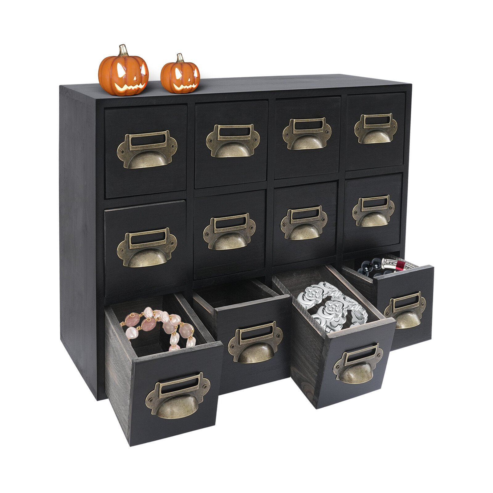 With 12 Drawers Wooden Black Box Desktop Drawer Organizer Box Apothecary Cabinet