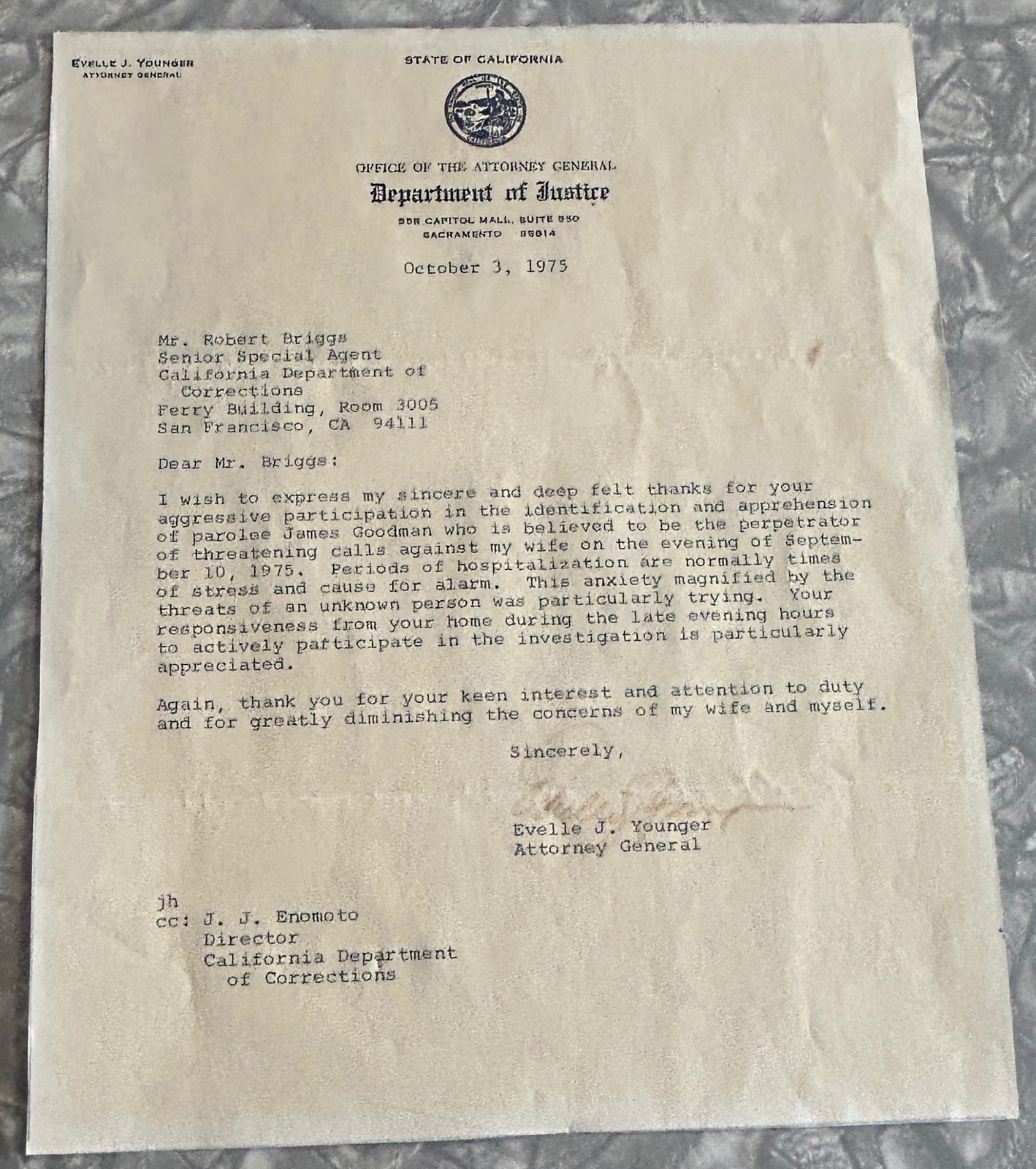 1975 CALIFORNIA ATTORNEY GENERAL YOUNGER PERSONAL LETTER TO CORRECTIONS AGENT