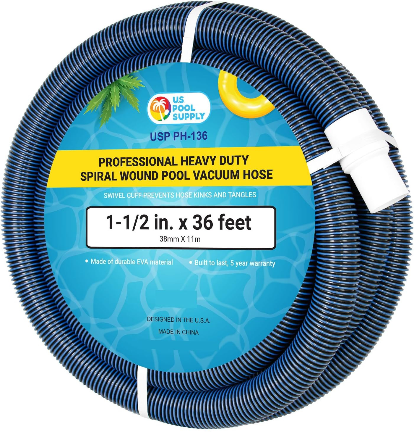 U.S. Pool Supply Pool Vacuum Hose - 1-1/2" X 36' Professional Heavy Duty Pool Ho