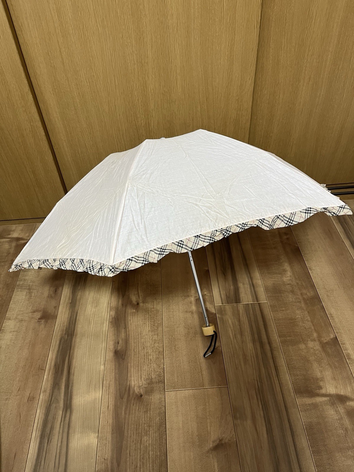 BURBERRY Folding Umbrella Nova Check Frill Light Pink UV Rain Sun w/ Case