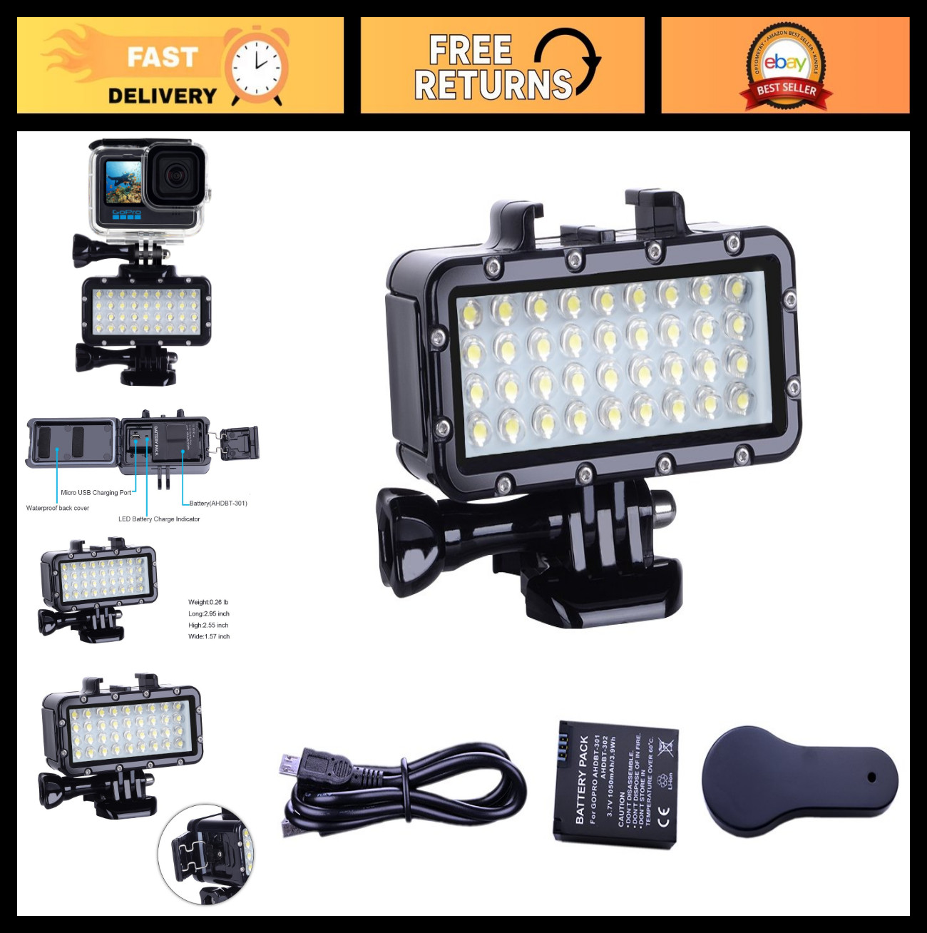 High Power Dimmable Waterproof LED Diving Light for GoPro & Action Cameras 147ft