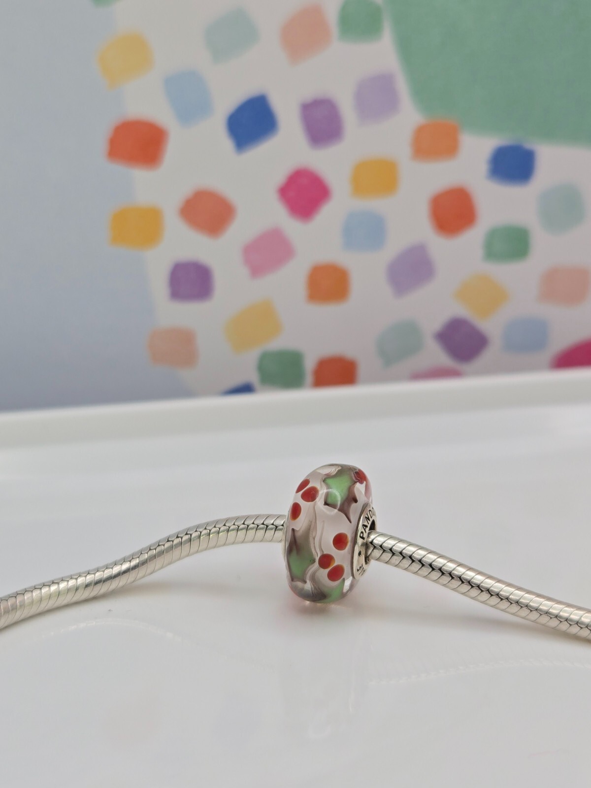 Authentic Pandora Holly Christmas Murano Glass silver moment Charm