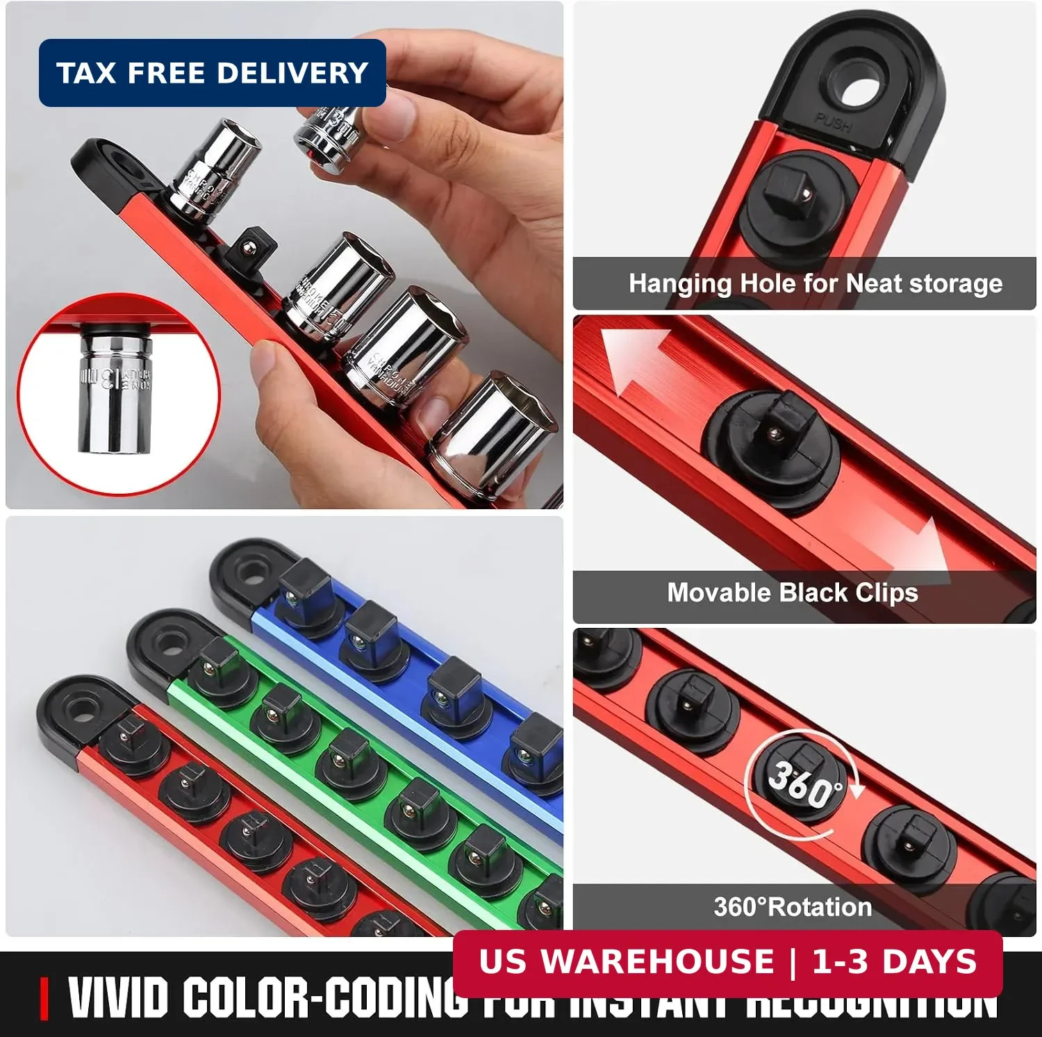 Magnetic Socket Organizer Set | 1/4" 3/8" 1/2" Socket Rail with 120 Clips | 9PCS