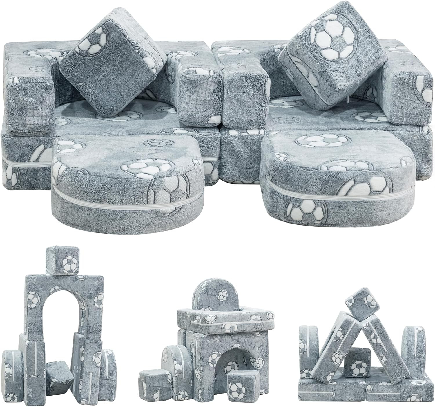 Glow-in-the-Dark Modular Kids Play Couch - Instant Expansion, Grey