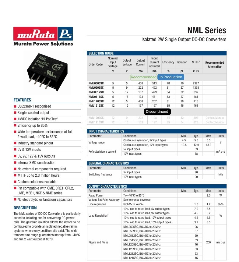 NEW! ISOLATED NML0515SC DC/DC Power Supply Module 5V to 15V Murata 4-SIP 2Watt