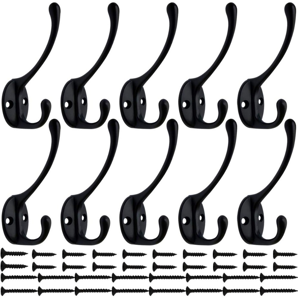 10 Pack Dual Coat Hooks Wall Mounted with 40 Screws Retro Double Hooks Utility
