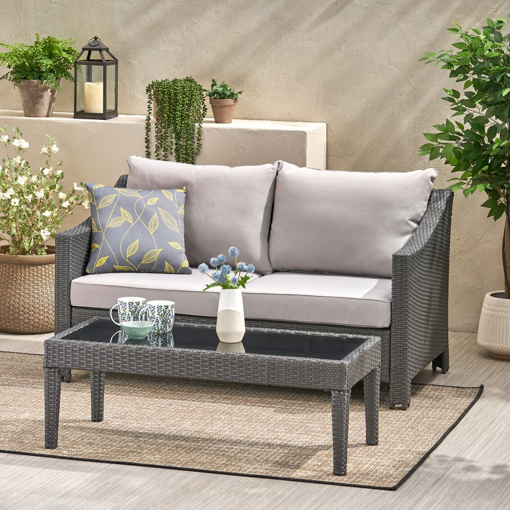 Outdoor Patio Loveseat with Glass Table & Removable Waterproof Cushions, Grey