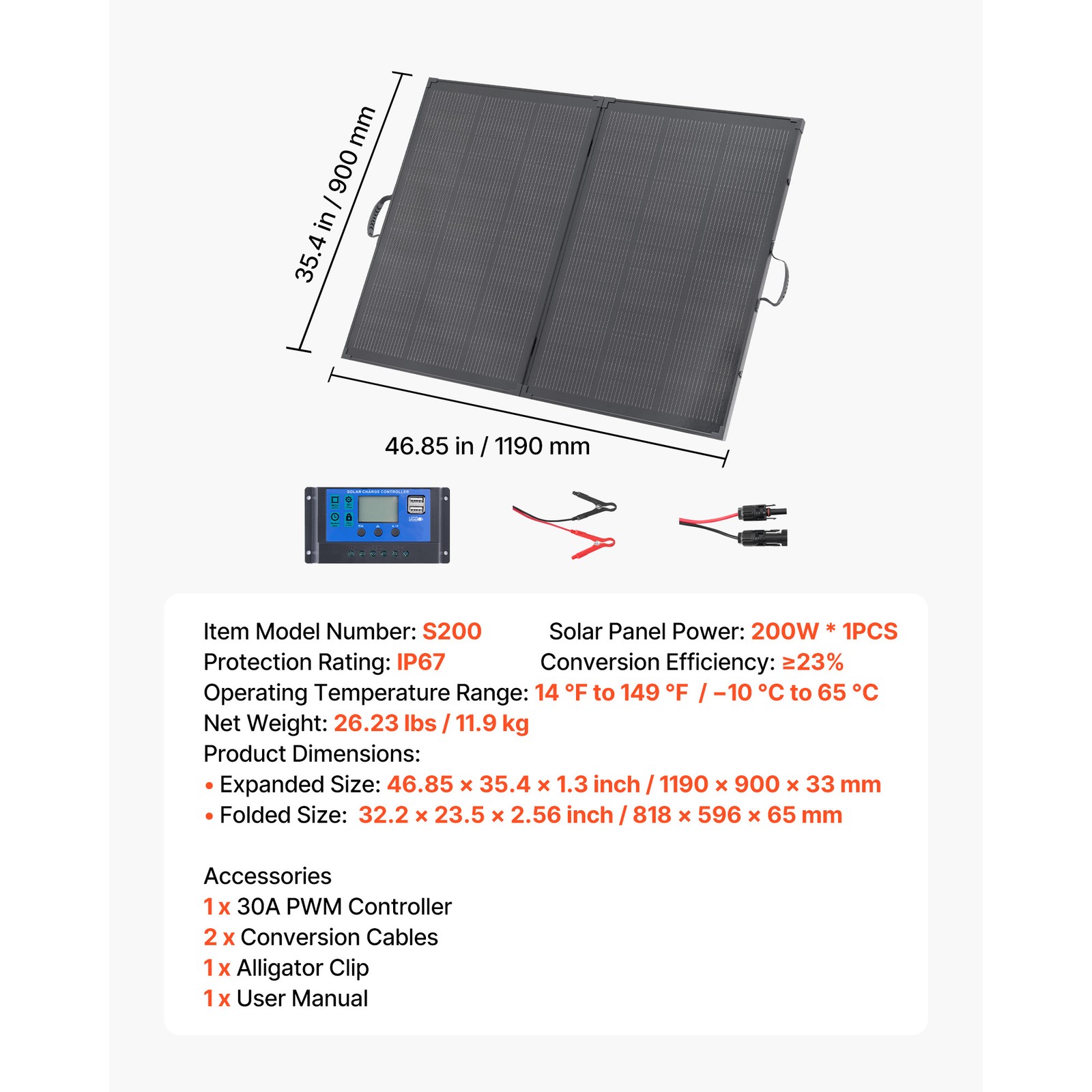 Uimoso 200W Portable Foldable Solar Panel with 30A Controller for Charging