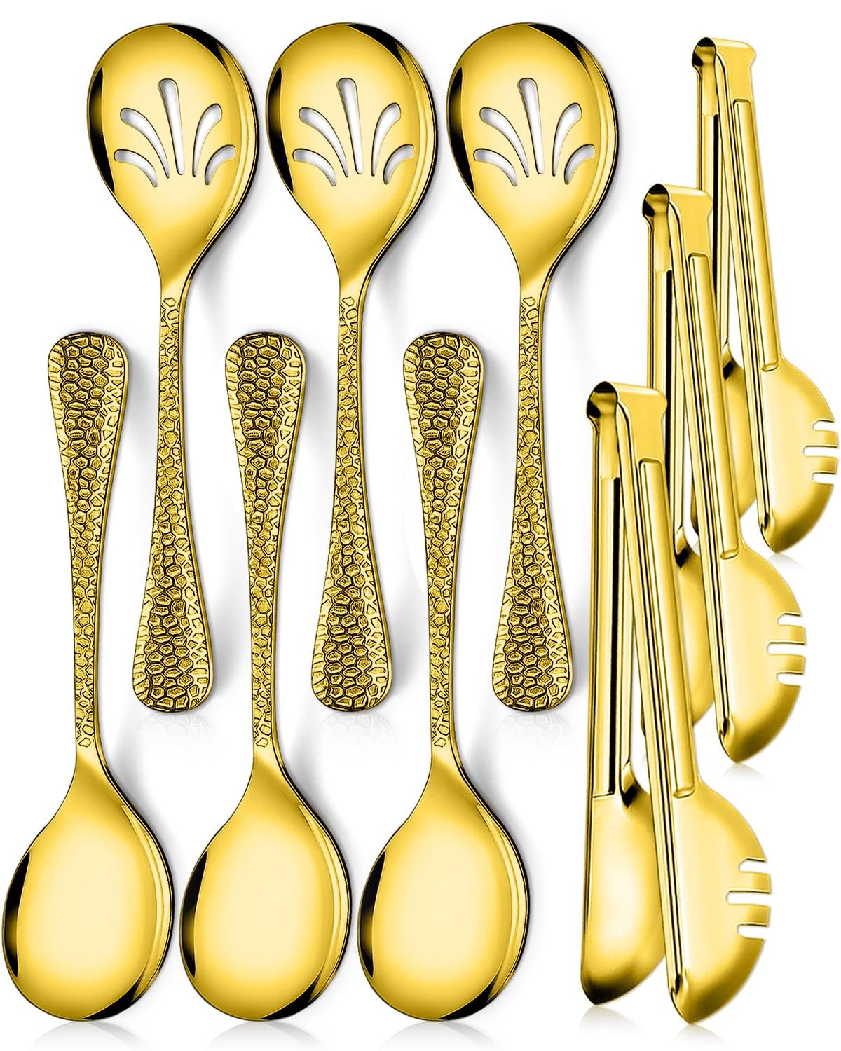 9 PCS Hammered Stainless Steel Serving Utensils Set Spoons Tongs Gold