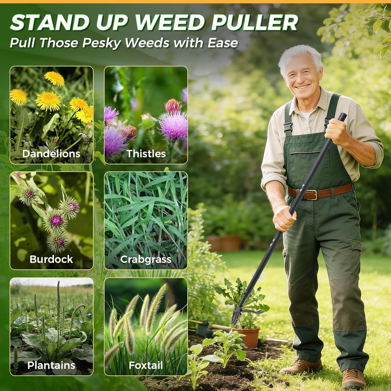 RexWeed Stand Up Weed Puller Tool, 46" Adjustable All-Metal Long Handle Black