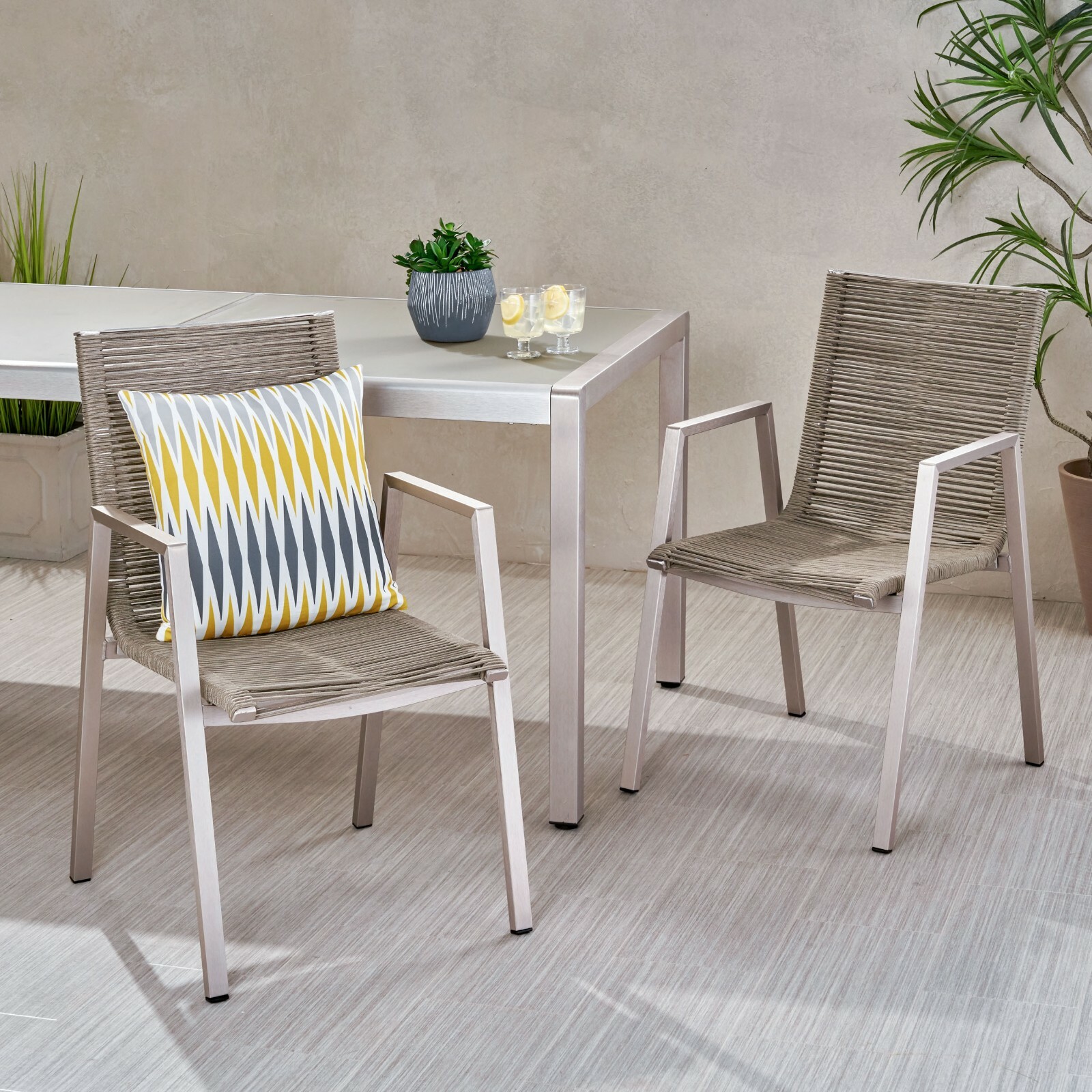 Kalli Outdoor Modern Aluminum Dining Chair with Rope Seat (Set of 2)