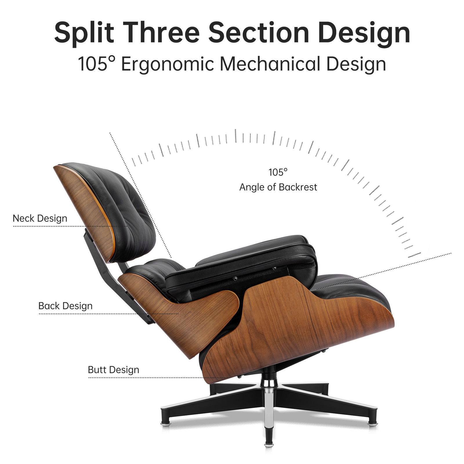 Lounge Chair and Ottoman Set Swivel Armchair Real Leather Walnut Rosewood