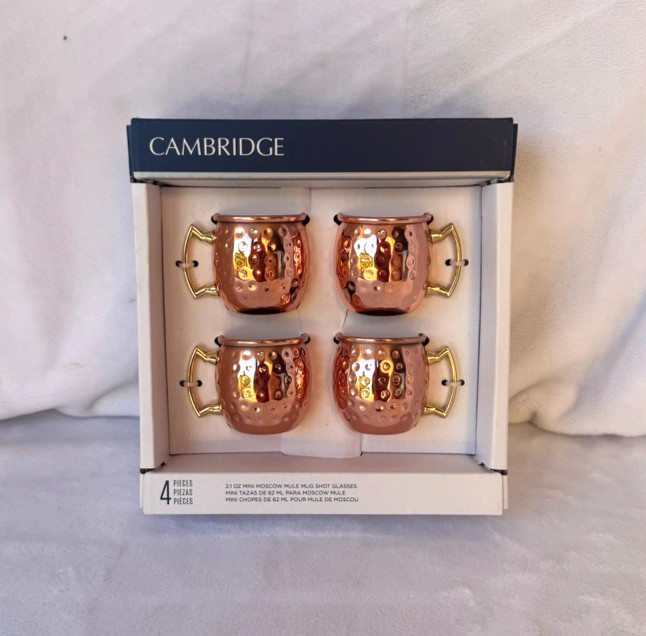 4 CAMBRIDGE  MOSCOW MULE Copper Shot Glass Mug Set Hammered Stainless Steel NEW