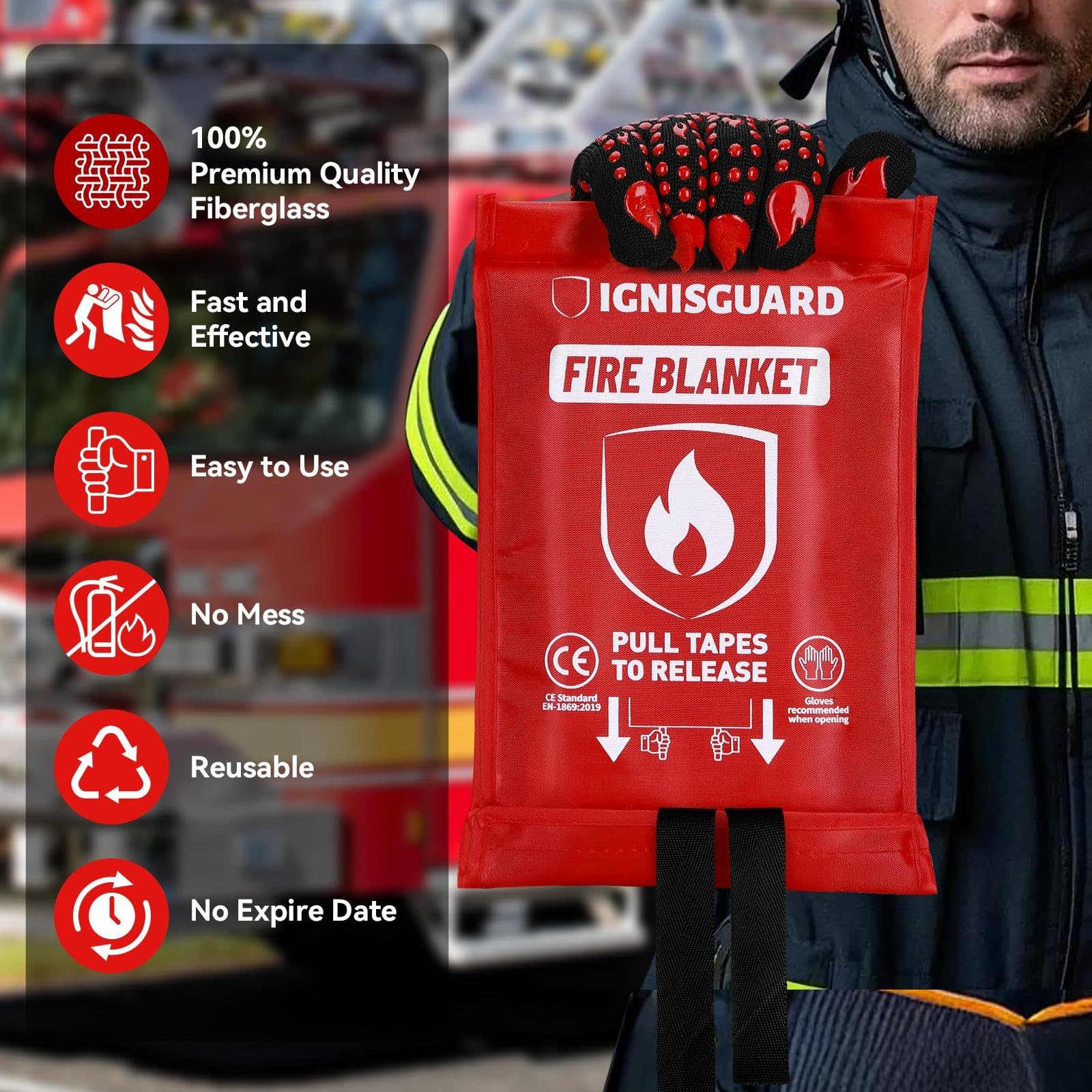 Fire Blankets 4 Pack, 40x40in with 1 Pair Fire Resistant Gloves & 4 Hooks, Fi...