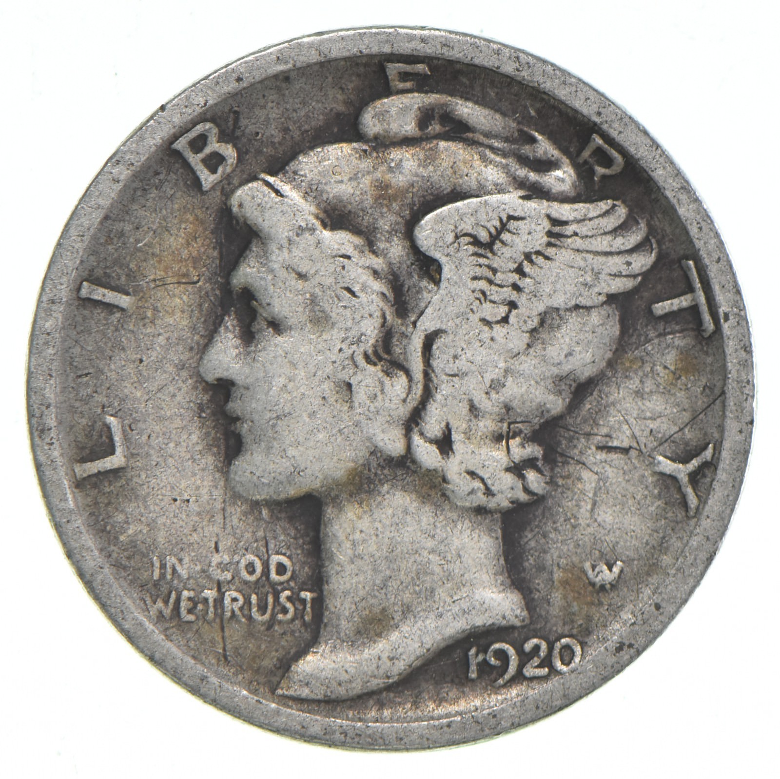 VG+ 1920-D Mercury 90% Silver Dime