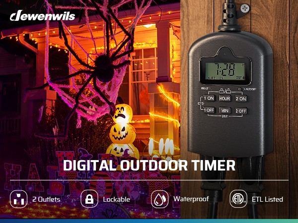 DEWENWILS Outdoor Timer Outlet Waterproof Programmable 2 Outlet 15A Heavy Duty