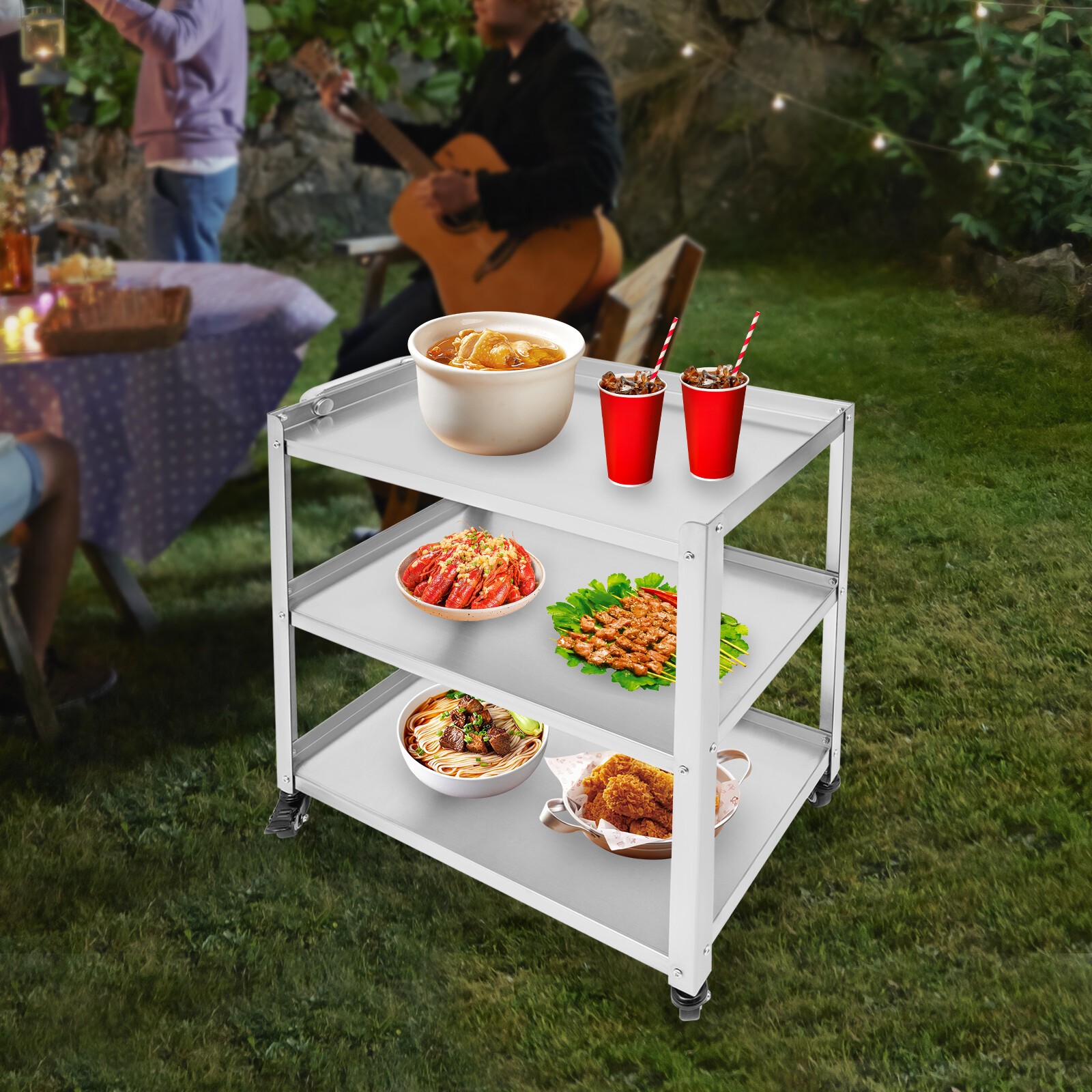 3-Shelf Utility Cart Stainless Steel Kitchen Cart Serving Storage Rolling Cart