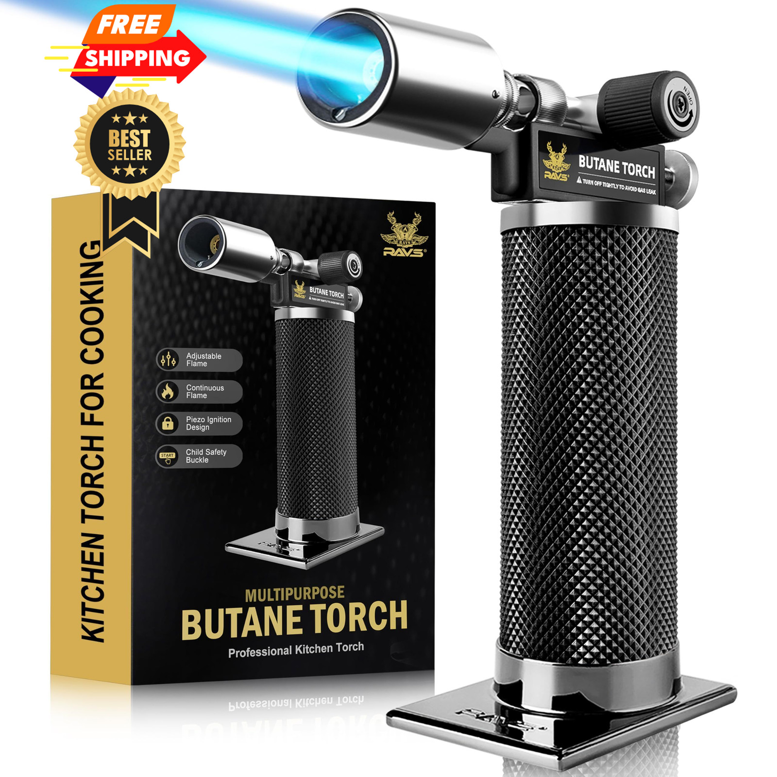 RAVS Butane Torch Lighter, Premium Metal Kitchen with Medium, Black