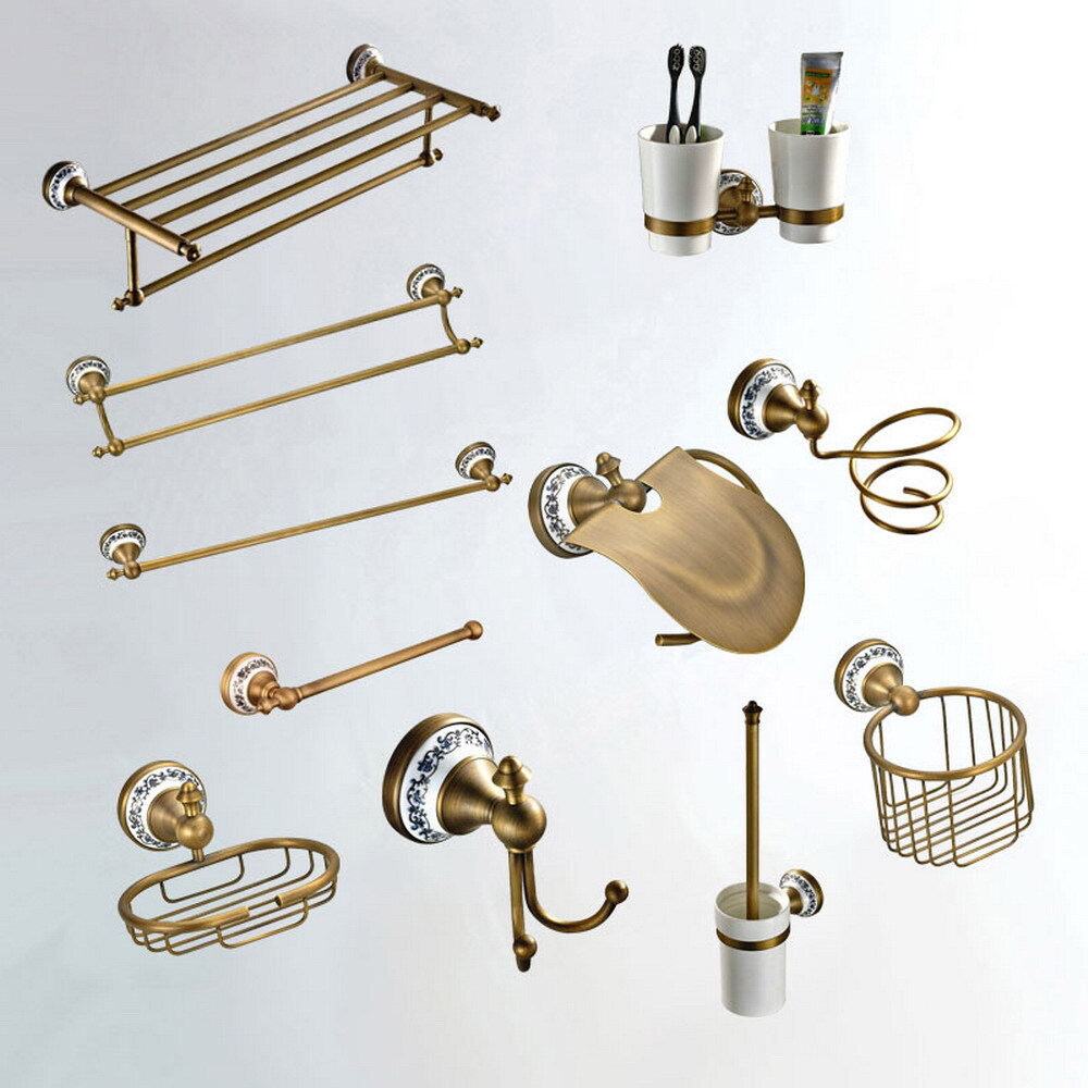 Antique Brass Ceramic Bathroom Accessories Set Bath Hardware Towel Bar szh134