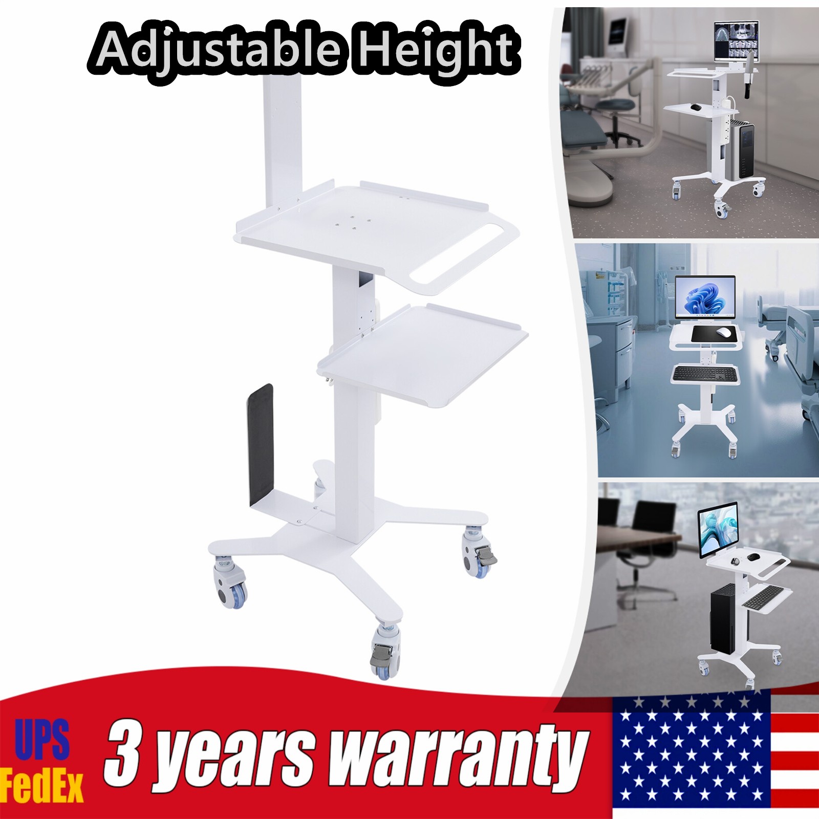Adjustable Rolling Computer Cart for Home, Office & Medical Use