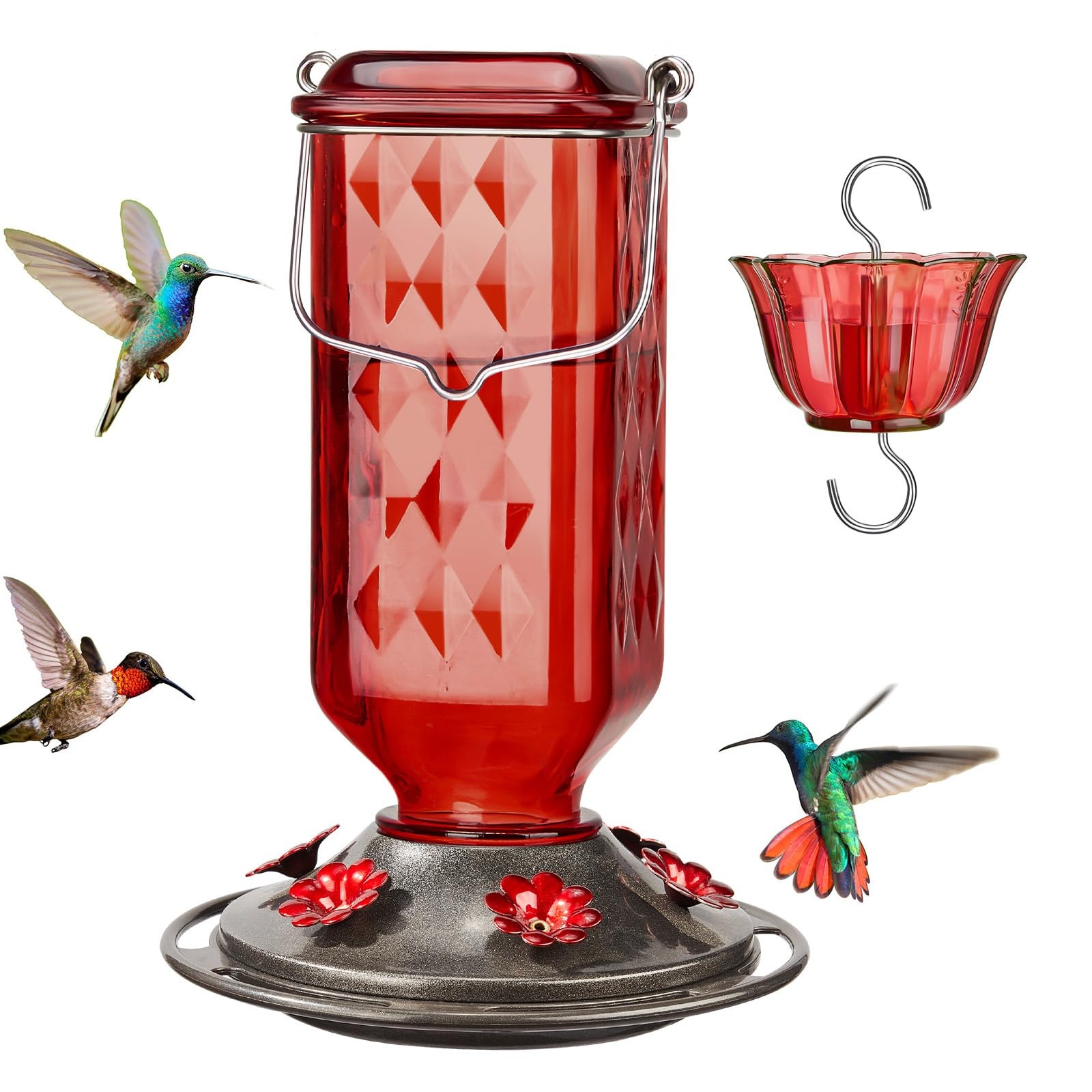 Kingsyard Glass Hummingbird Feeder for Outdoor Hanging, 24 Ounces, 6 Red