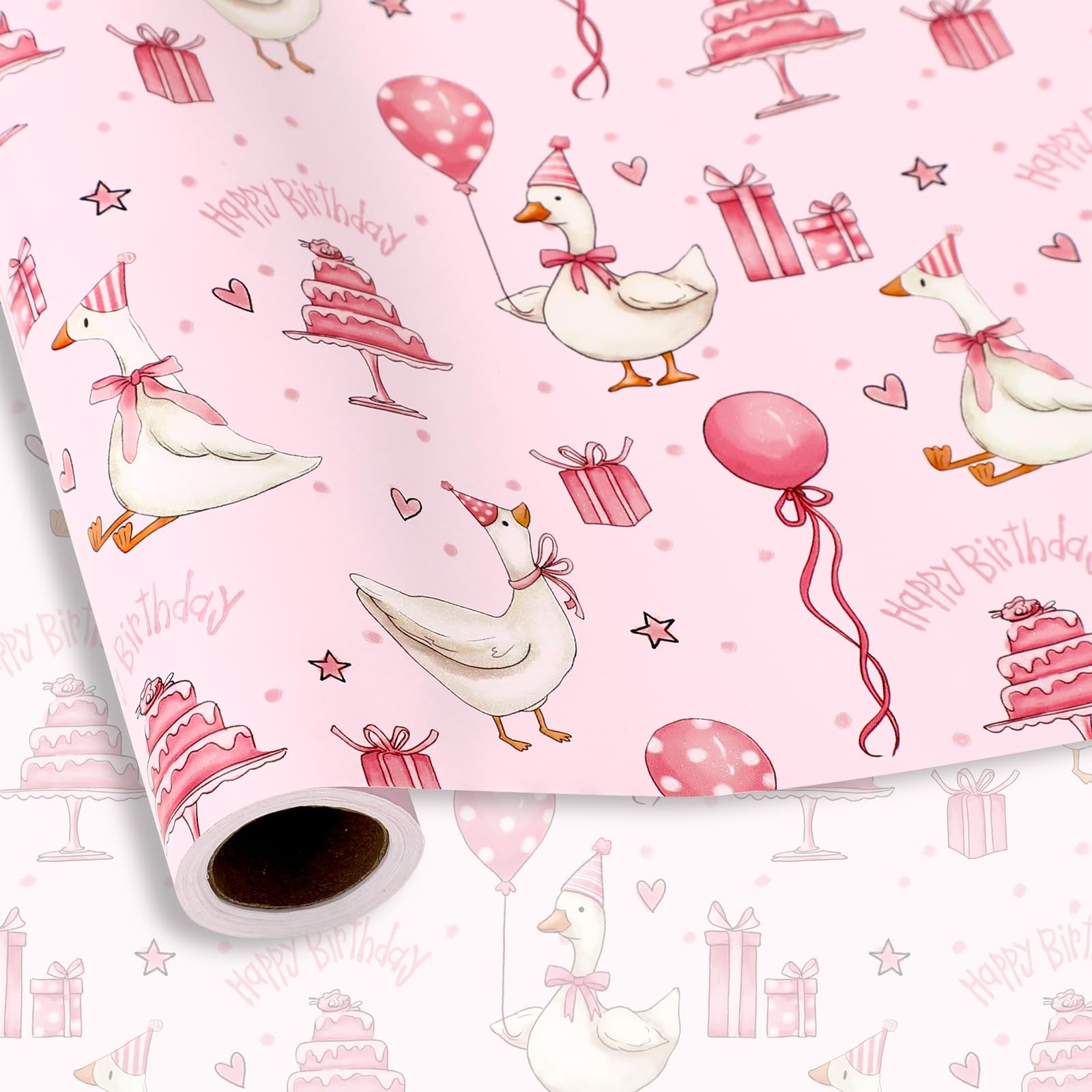 17 in x 32.8 ft Pink Silly Goose Wrapping Paper, Mini Roll, Coquette, Birthday