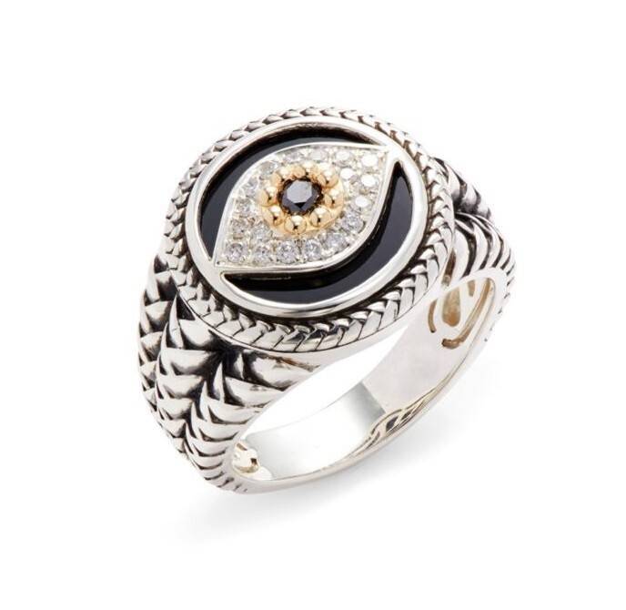 935 Silver 0.42CT Onyx & Sapphire Evil Eyes Round Face Design Men's Luxury Ring