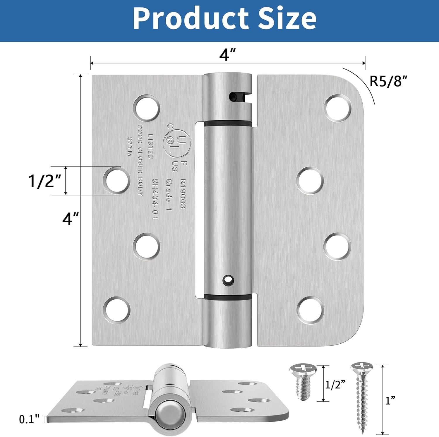 4" Self Closing Hinges, Brushed Nickel, Spring Loaded 5/8" Radius, 2-Pack