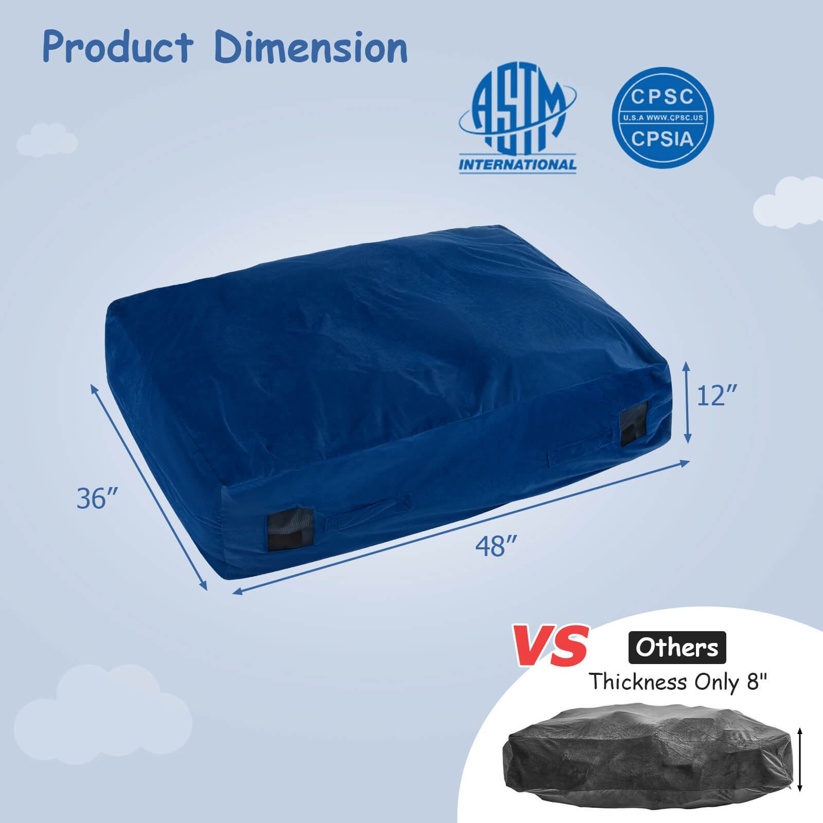 48" x 36" Crash Pad Sensory Mat w/ Foam Blocks and Washable Velvet Cover Blue
