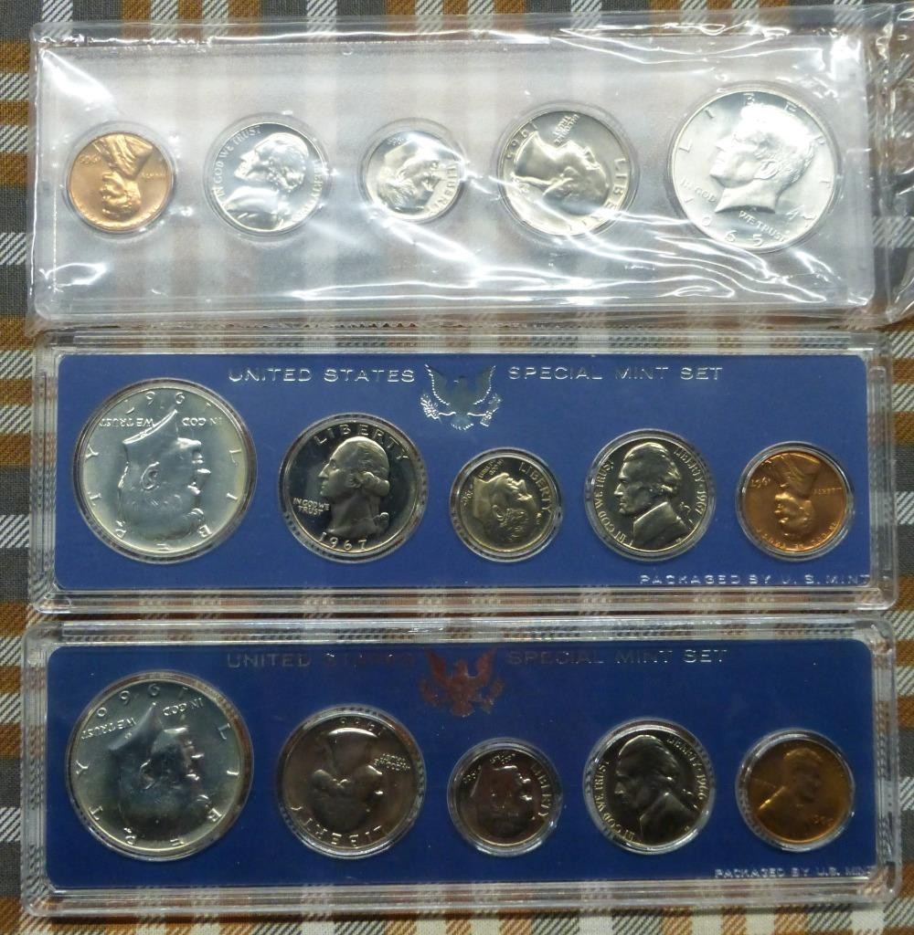 2 1966 US Sets, SMS & MS Sets, 40% Silver Kennedy Half Dollars, Color Tone