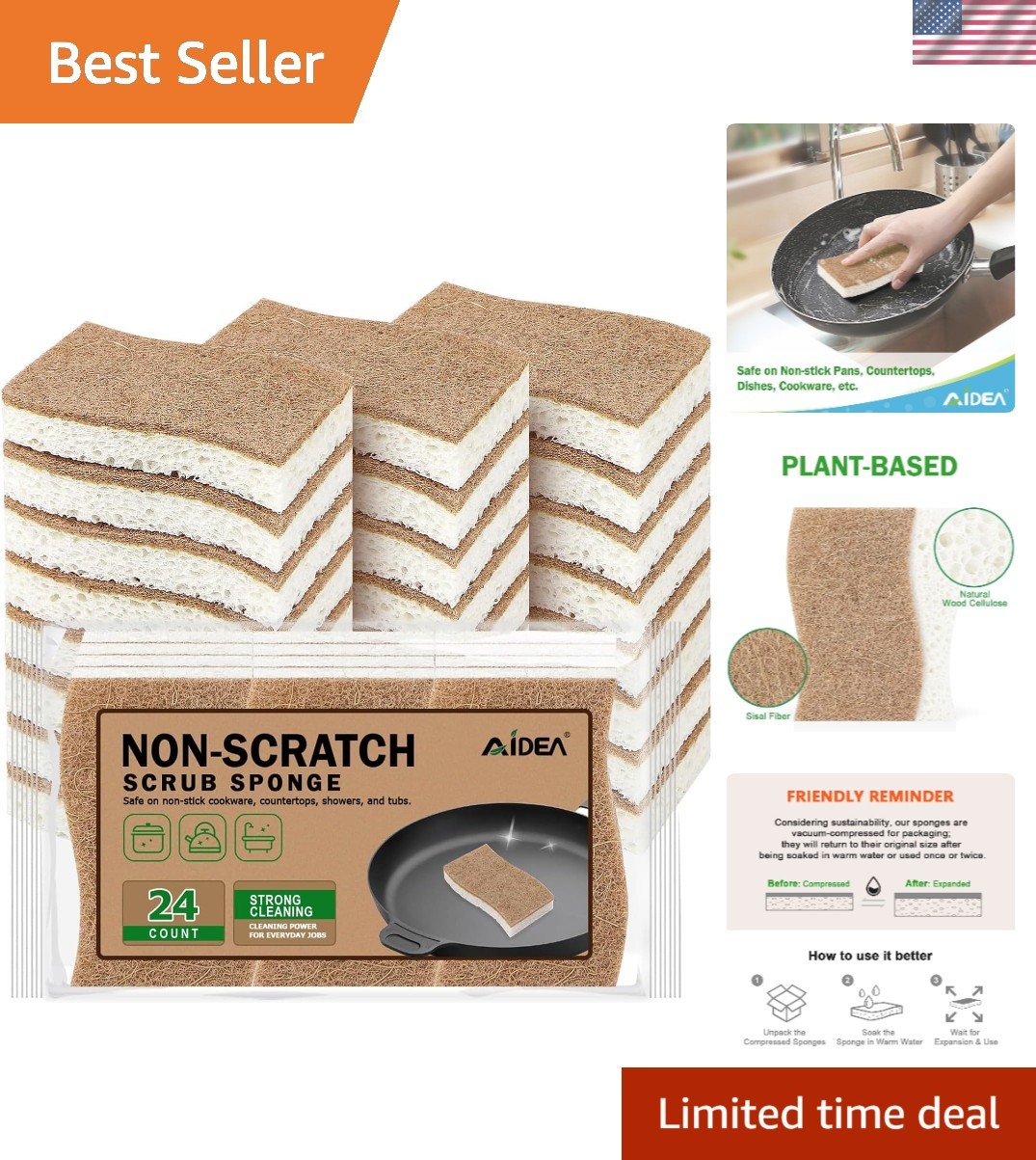 Natural Non Scratch Kitchen Sponge - Brown - 24 Count