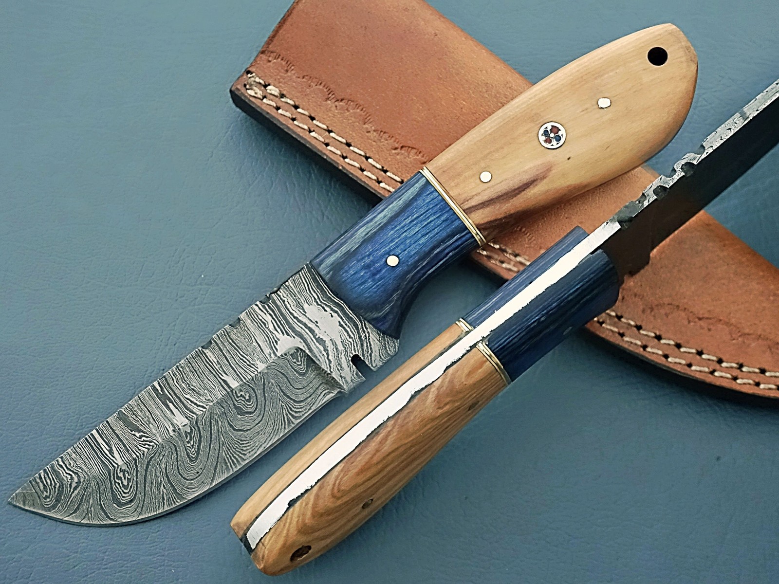 Handmade Damascus Steel Hunting Knife Wood & Bone Handle w/Sheath