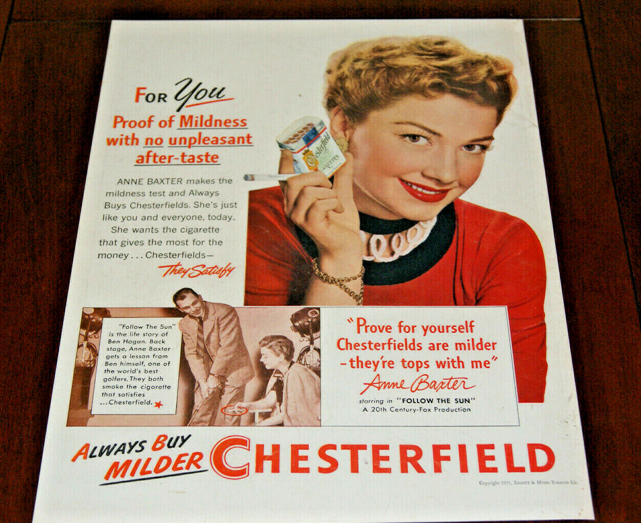 Print AD Advertisement Art Poster 1950 Chesterfield Cigarettes Anne Baxter