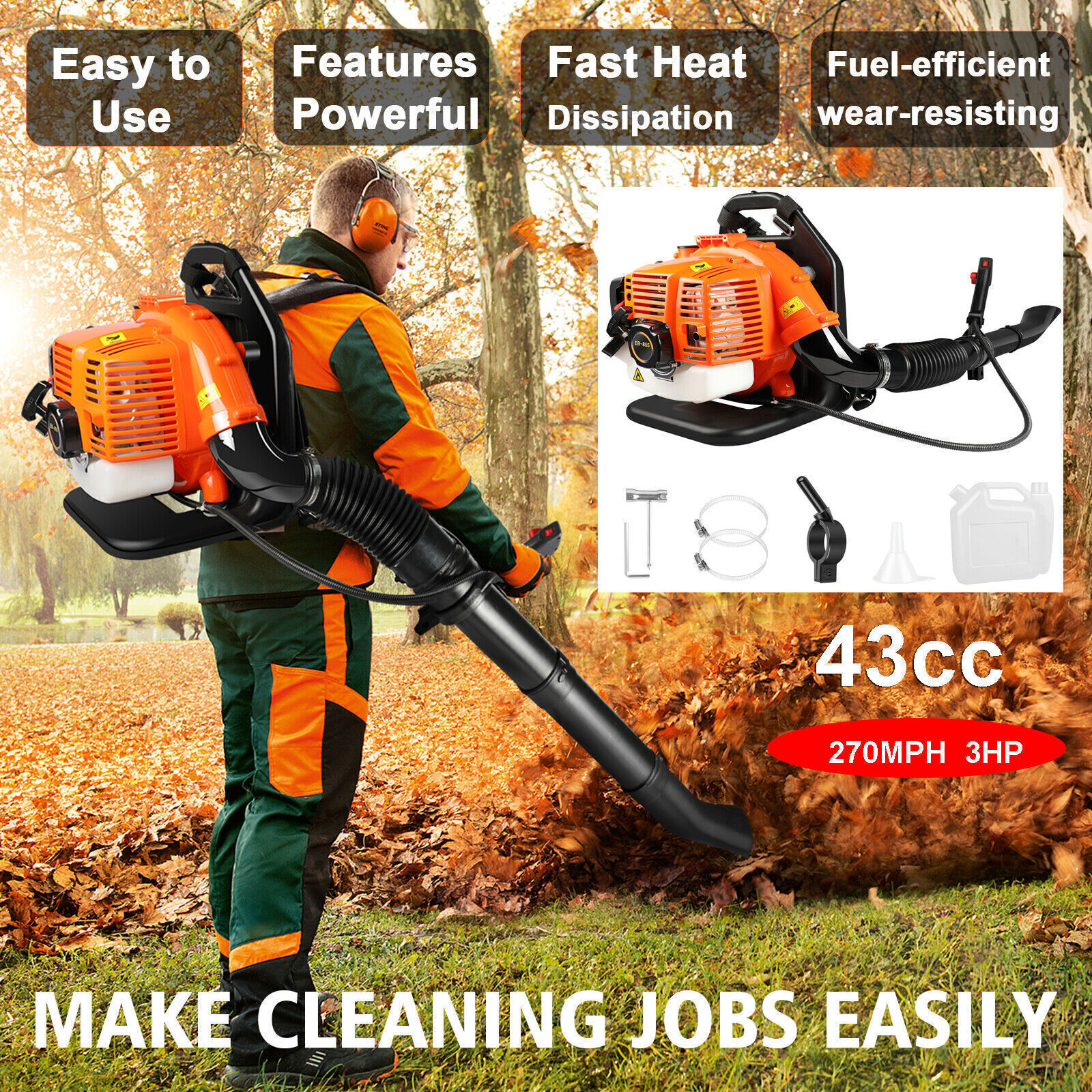 43CC/63CC Gas Backpack Leaf Blower 3HP 650CFM 2 Stroke Leaf Snow Blowers