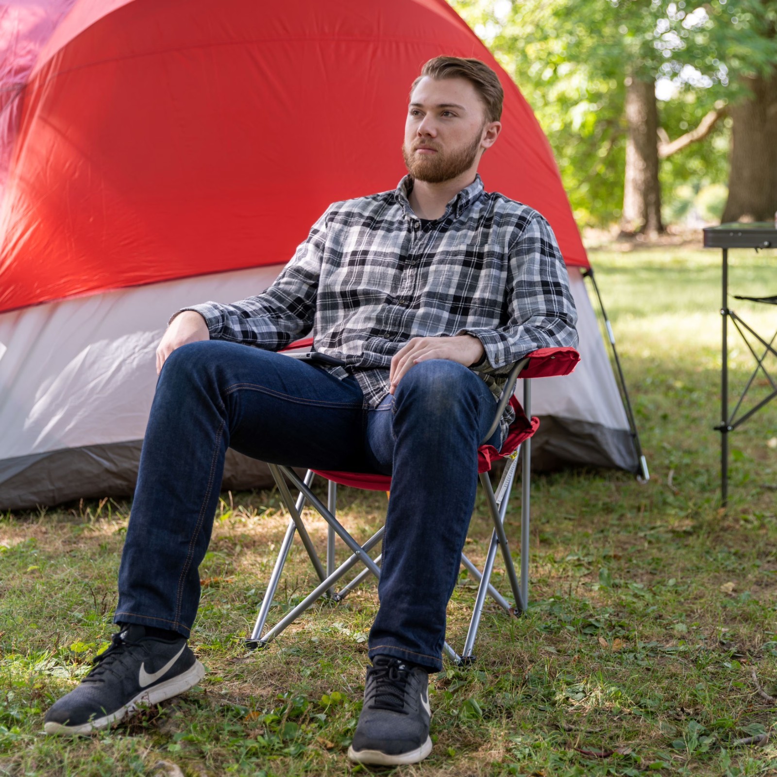 Ozark Trail Quad Folding Camp Chair with Cup Holder, Red.
