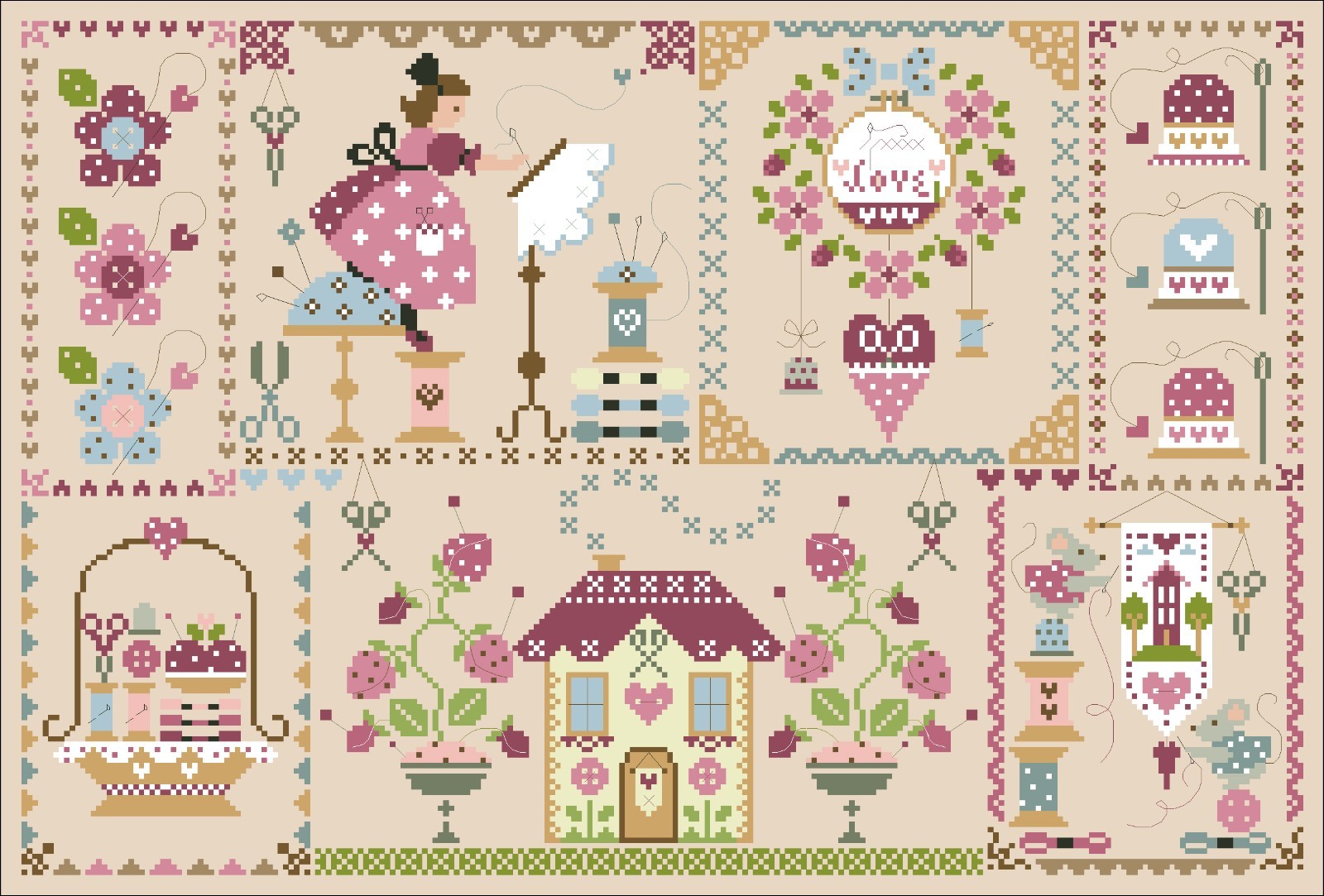 Cross Stitch Pattern Stitching in Quilt Nature Floral Sampler DIY