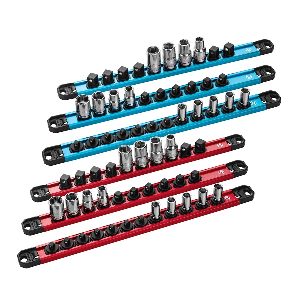 DURATECH 1/4” 3/8” 1/2” Aluminum Alloy Socket Rail w/64 Clips Magnetic Organizer