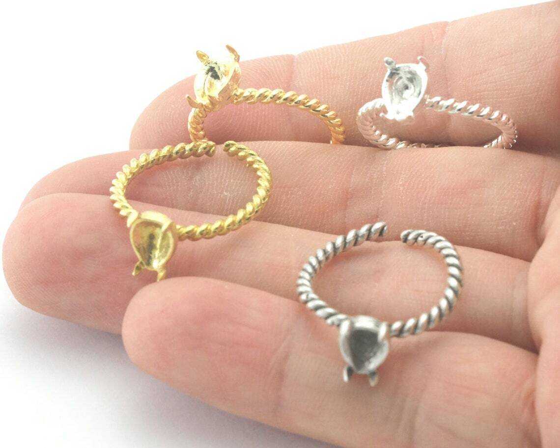 Pear Twisted Base Adjustable Ring Bezel Silver,Raw Brass,Shiny gold-silver 4399