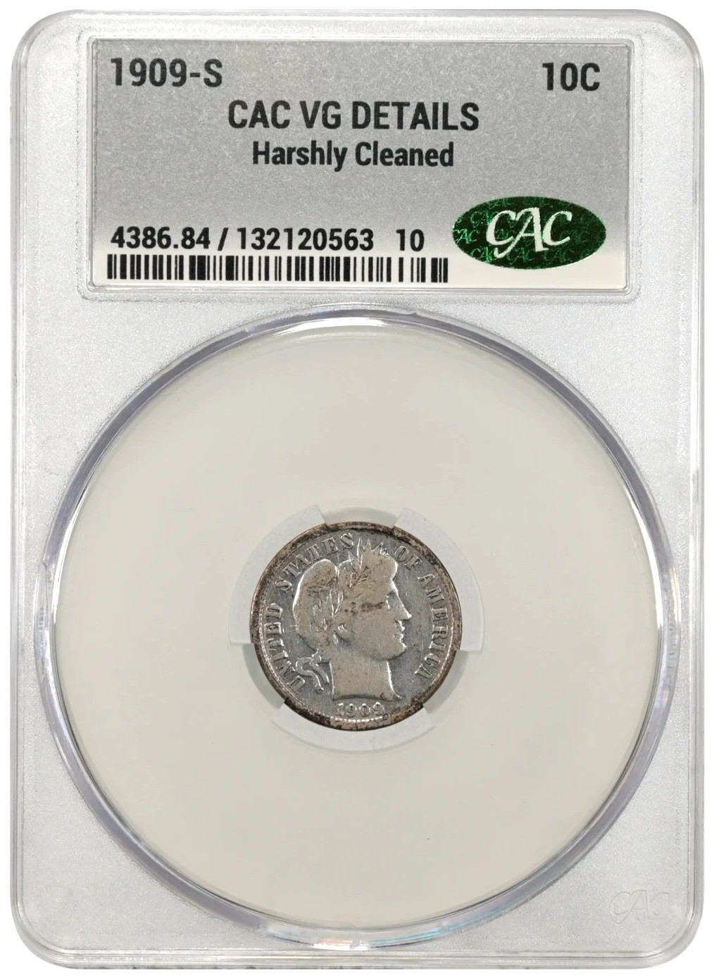 1909 S Barber Dime CAC VG Details