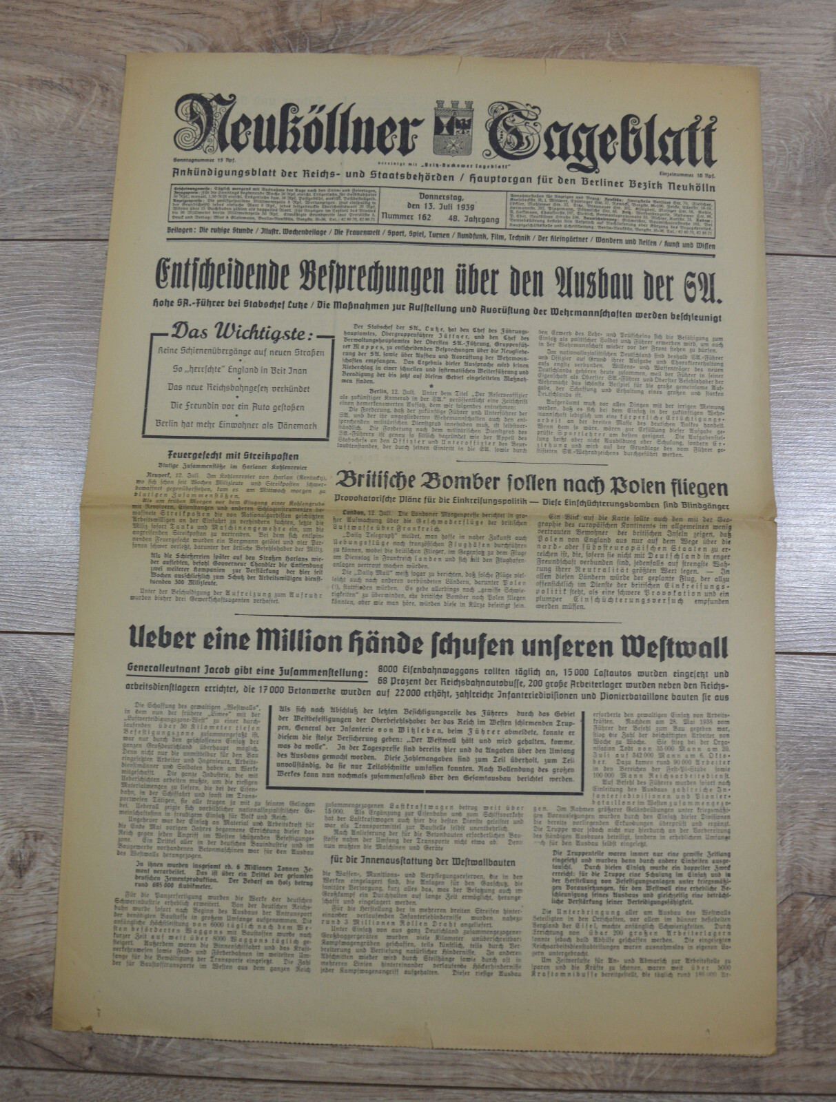 German WW2 Wehrmacht soldier "Neuköllner Tageblatt" Newspaper 13 July 1939