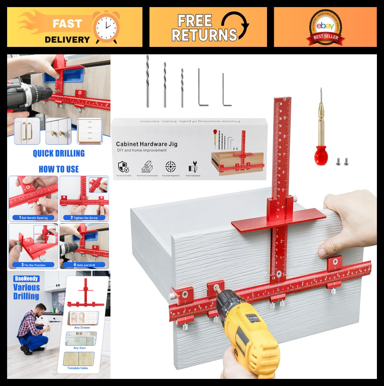 Adjustable Cabinet Hardware Jig for Handles & Pulls, Aluminum Tool for Doors & D