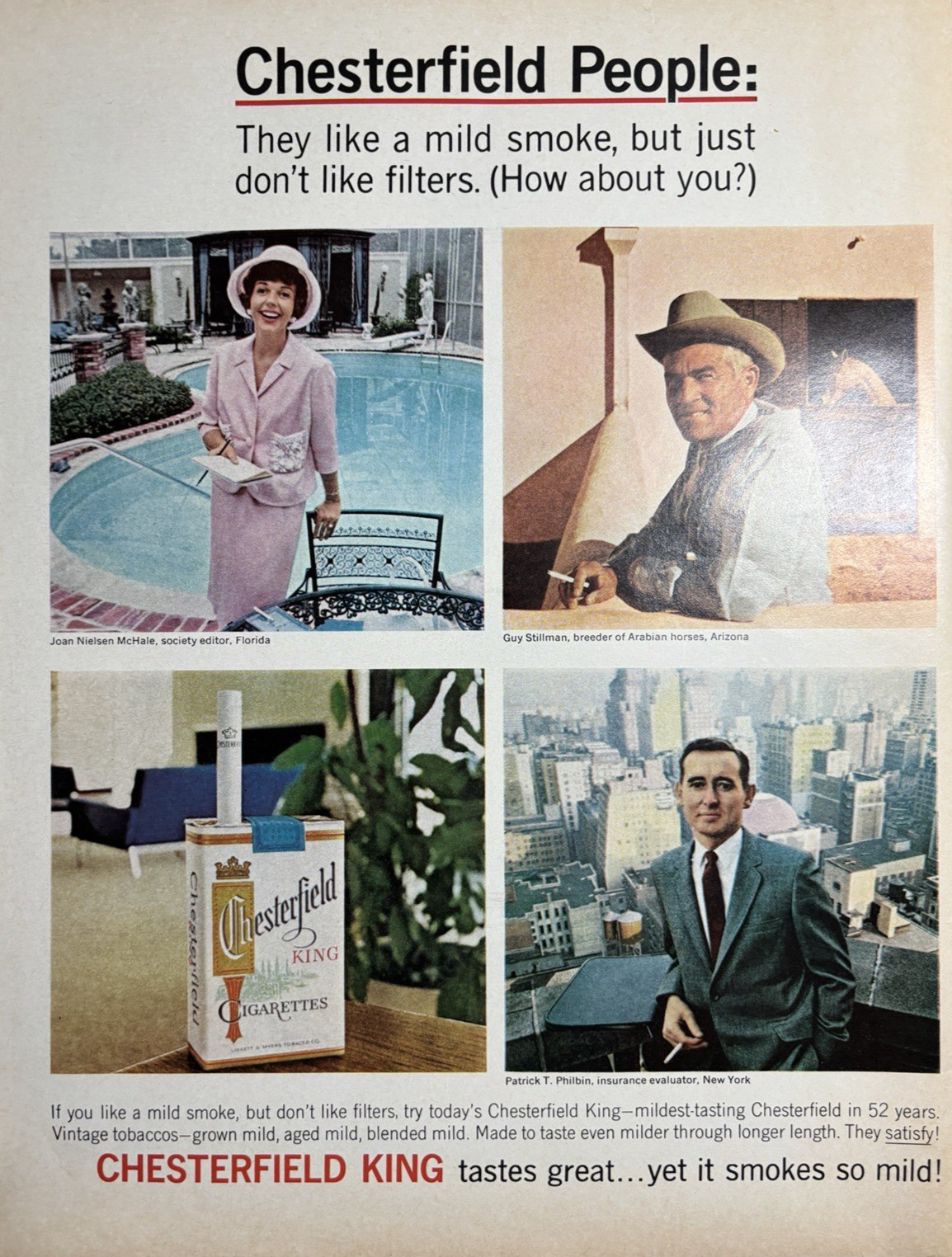 1960s Chesterfield Cigarettes People Smoke Tobacco Mild King Vintage Print Ad