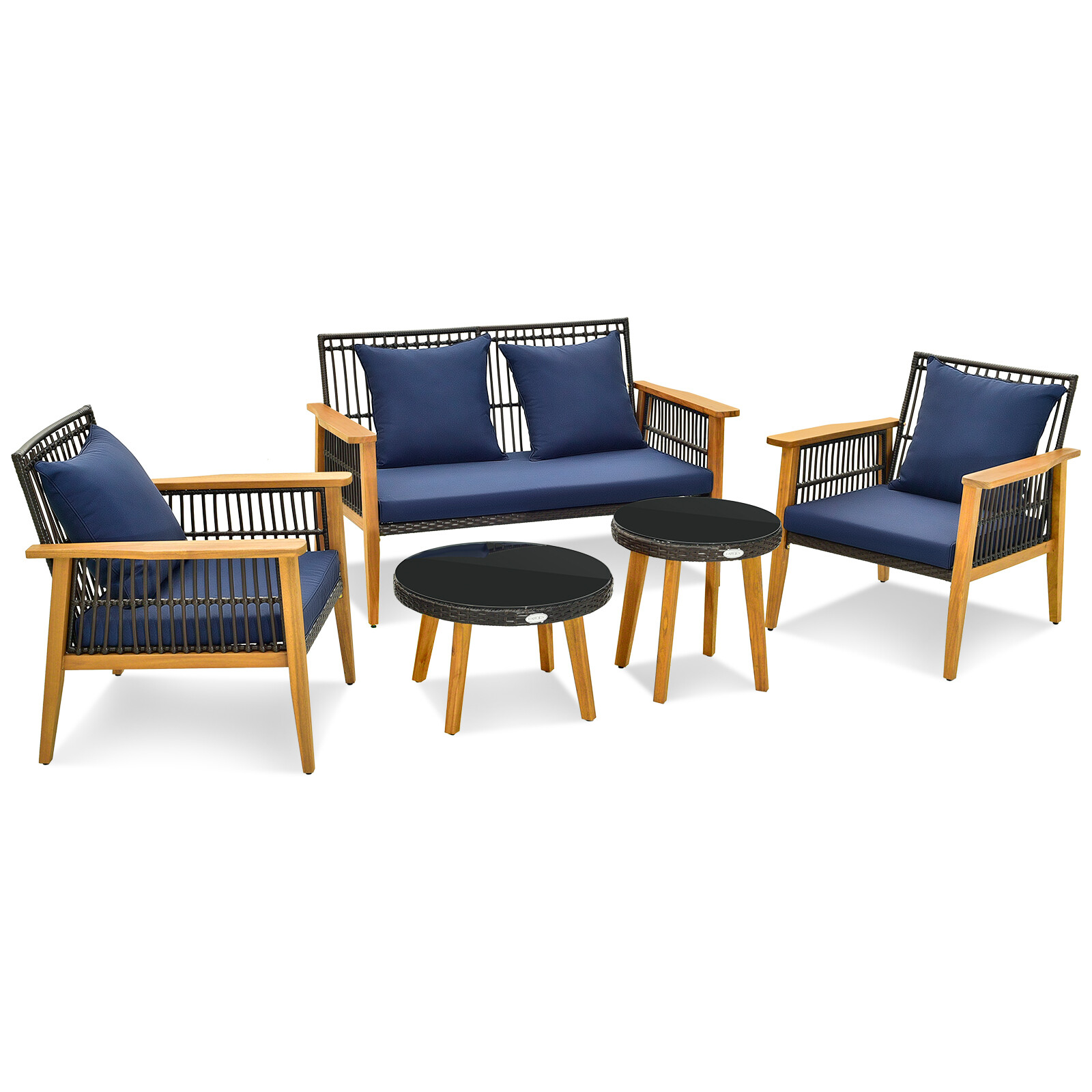 5PCS Rattan Woven Conversation Set Stable Acacia Wood Frame for Backyard Patio