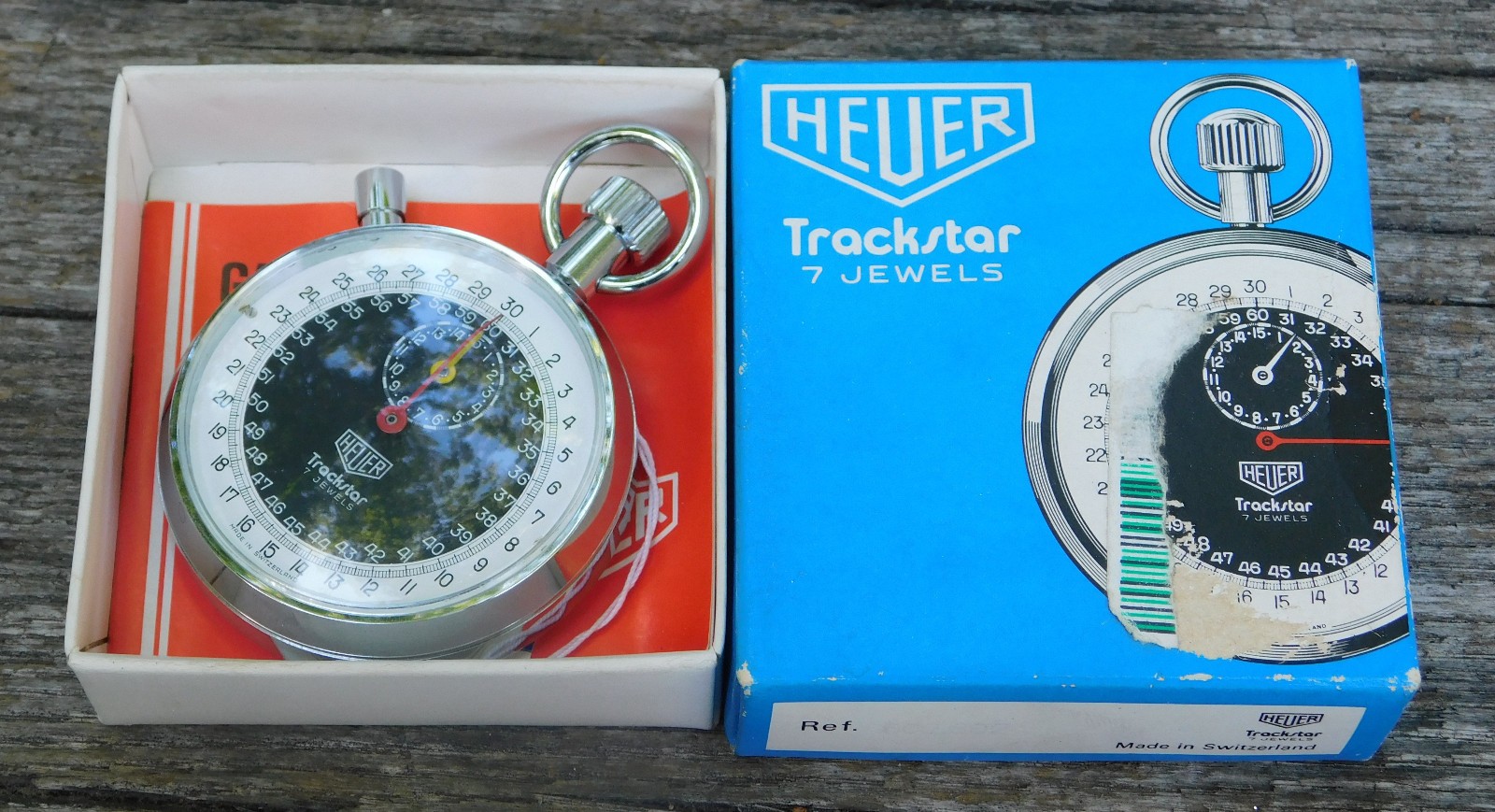 17 Jewels Vintage Heuer Trackstar Stop Watch Original Box & Instructions *NEW*