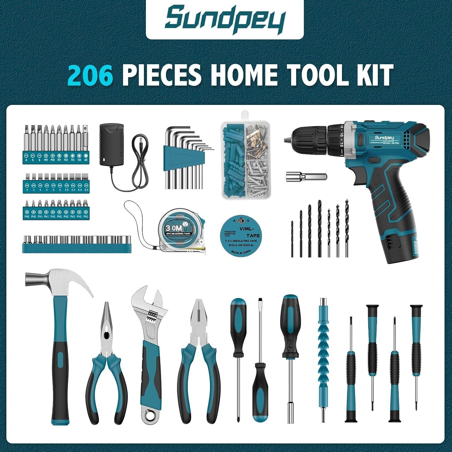 206PC Portable Basic Home Tool Kit Set with 12V Cordless Drill Blue | with Ad...