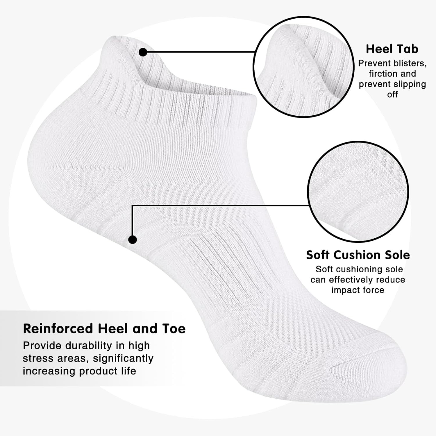 Mens 100% Cotton Ankel Socks, Athletic Cushioned Medium-Large, 5 Pairs White