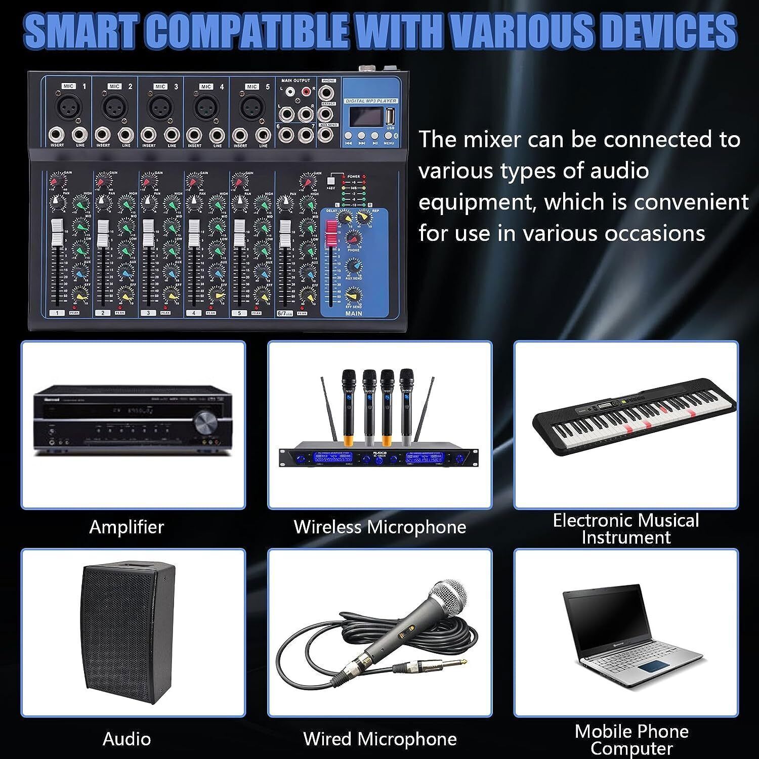 Portable 7-Channel Bluetooth Audio Mixer USB DJ Sound Mixing Console Board