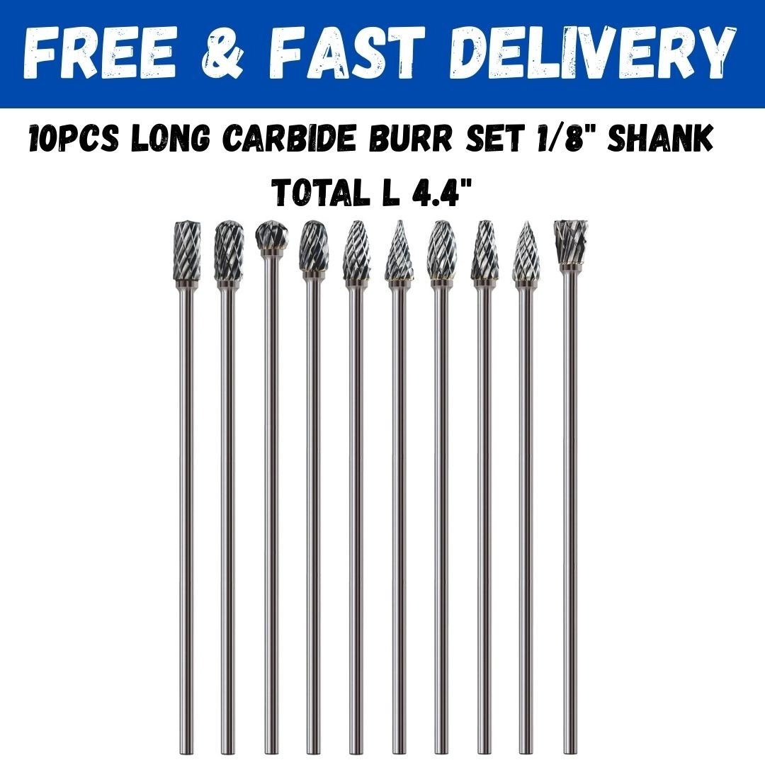 10 Pcs 1/8" Long Shaft Tungsten Carbide Burrs Set Kit Bits 4.5" Shank...