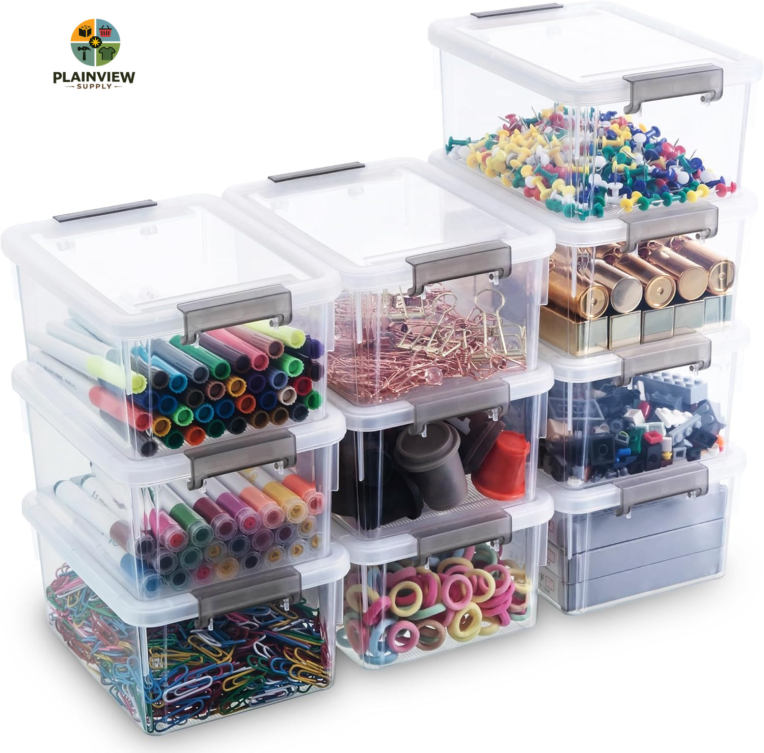 1.3 QT 10 Pack Small Storage Bins Plastic Storage Container Stackable Box with L